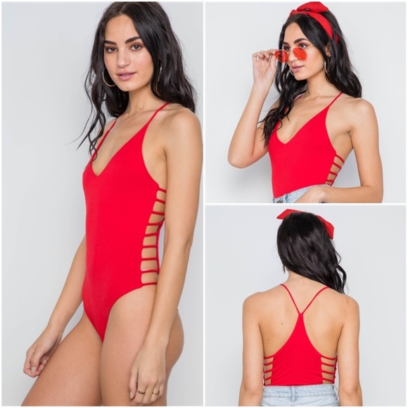 Trend Setter Diva Boutique Tops - RED CAMI STRAPPY V-NECK SOLID BODYSUIT TOP